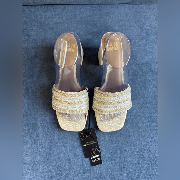 Madden NYC Block Heel Slip On Sandals Woman’s SZ 9 Cream Textured Beaded New - Picture 2 of 13